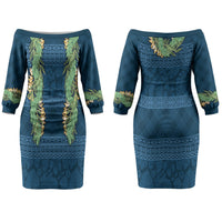 Hawai'i Paniolo Maile Twisted Lei Couples Matching Off The Shoulder Long Sleeve Dress and Hawaiian Shirt Cobalt Blue LT7 - Polynesian Pride