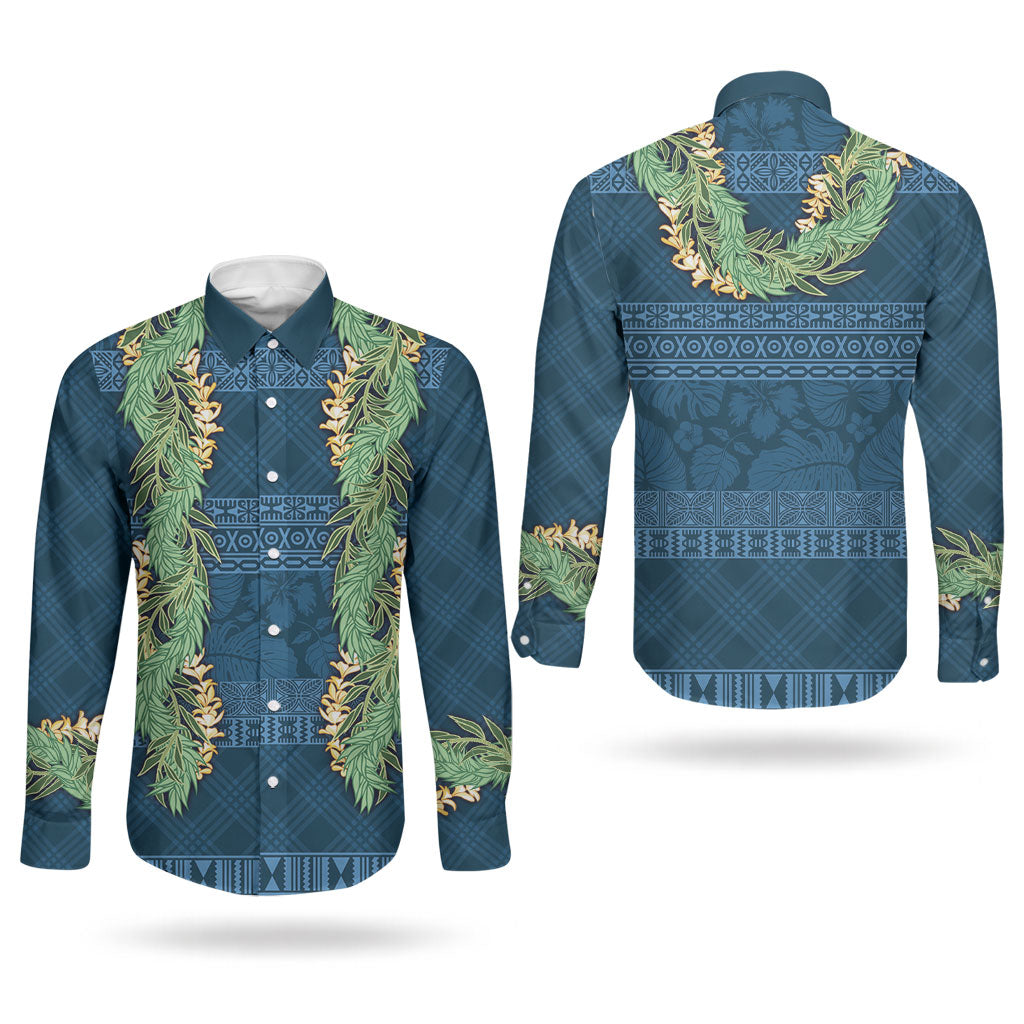 Hawai'i Paniolo Maile Twisted Lei Couples Matching Puletasi and Long Sleeve Button Shirt Cobalt Blue LT7 - Polynesian Pride
