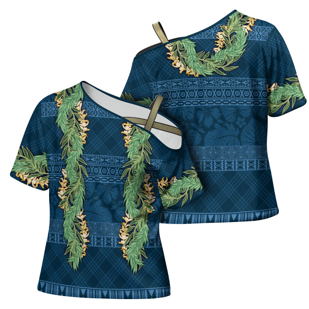 Hawai'i Paniolo Maile Twisted Lei Cross Shoulder Shirt Cobalt Blue LT7 - Polynesian Pride