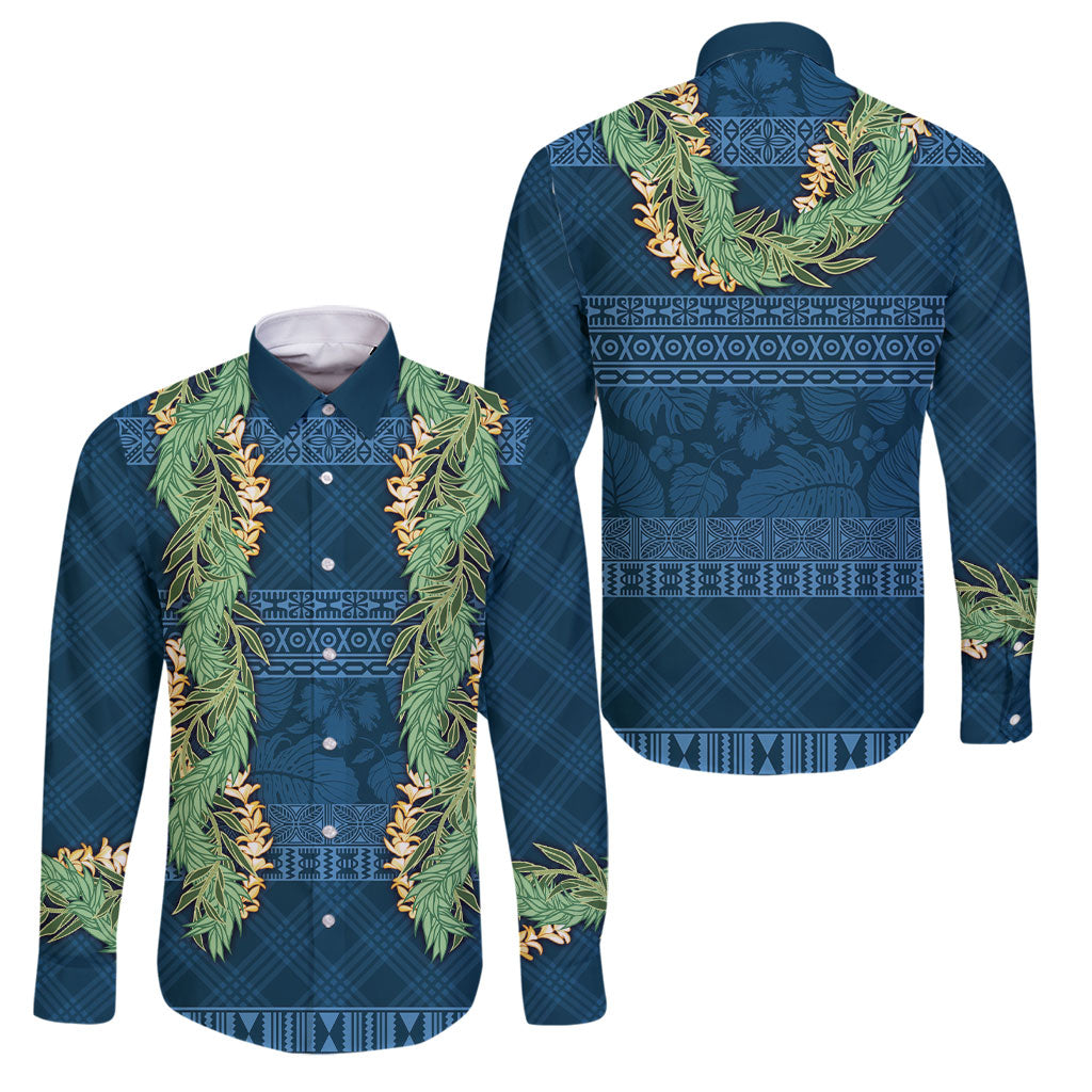 Hawai'i Paniolo Maile Twisted Lei Family Matching Off The Shoulder Long Sleeve Dress and Hawaiian Shirt Cobalt Blue LT7 Dad's Shirt - Long Sleeve Cobalt Blue - Polynesian Pride