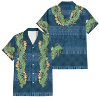 Hawai'i Paniolo Maile Twisted Lei Family Matching Off Shoulder Short Dress and Hawaiian Shirt Cobalt Blue LT7 Dad's Shirt - Short Sleeve Cobalt Blue - Polynesian Pride