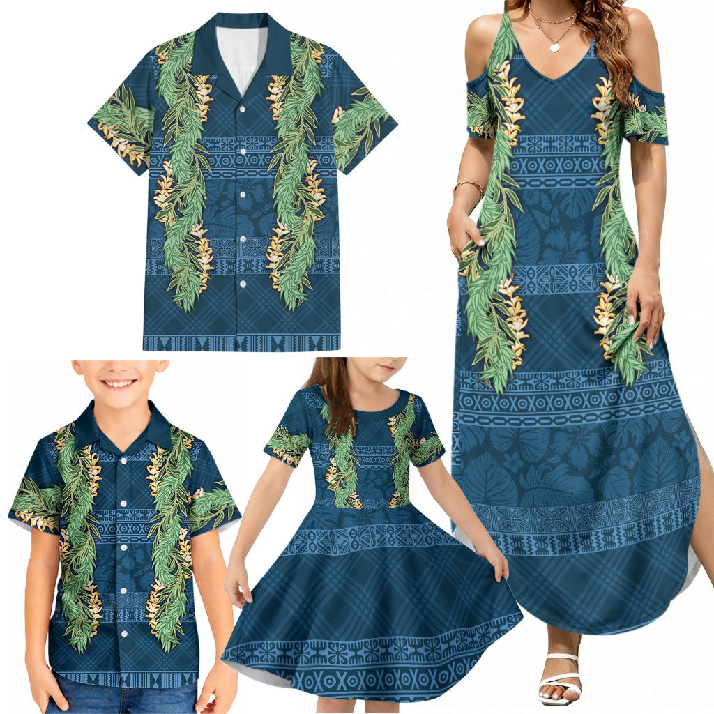 Hawai'i Paniolo Maile Twisted Lei Family Matching Summer Maxi Dress and Hawaiian Shirt Cobalt Blue LT7 - Polynesian Pride