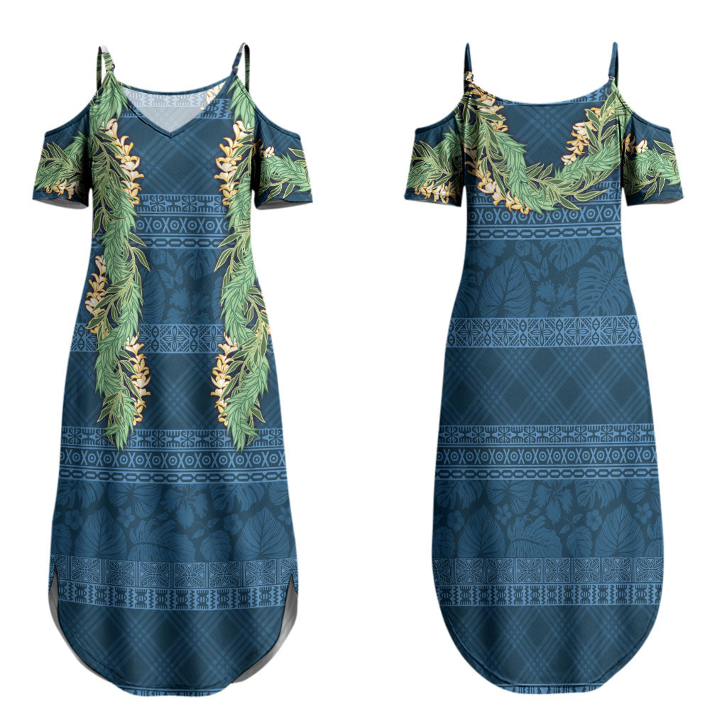 Hawai'i Paniolo Maile Twisted Lei Family Matching Summer Maxi Dress and Hawaiian Shirt Cobalt Blue LT7 Mom's Dress Cobalt Blue - Polynesian Pride