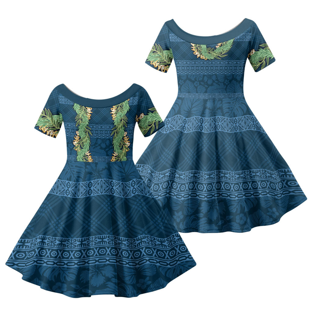 Hawai'i Paniolo Maile Twisted Lei Family Matching Summer Maxi Dress and Hawaiian Shirt Cobalt Blue LT7 Daughter's Dress Cobalt Blue - Polynesian Pride