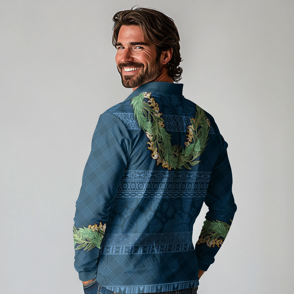 Hawai'i Paniolo Maile Twisted Lei Long Sleeve Polo Shirt Cobalt Blue LT7 - Polynesian Pride