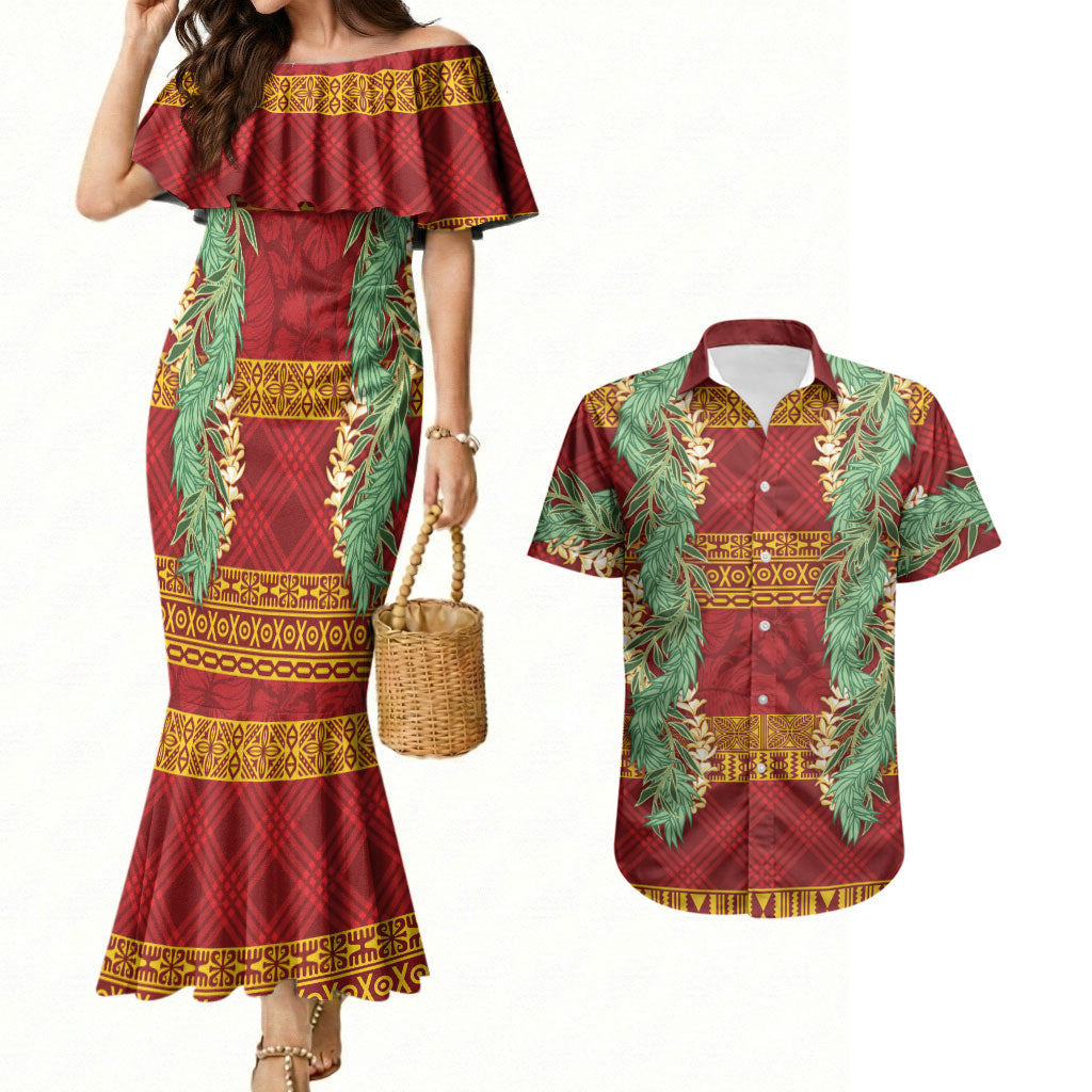 Hawai'i Paniolo Maile Twisted Lei Couples Matching Mermaid Dress and Hawaiian Shirt Hilo Royal Red LT7 Red - Polynesian Pride