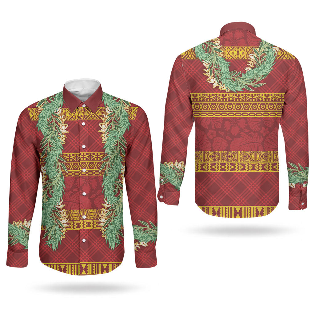 Hawai'i Paniolo Maile Twisted Lei Couples Matching Off The Shoulder Long Sleeve Dress and Long Sleeve Button Shirt Hilo Royal Red LT7 - Polynesian Pride