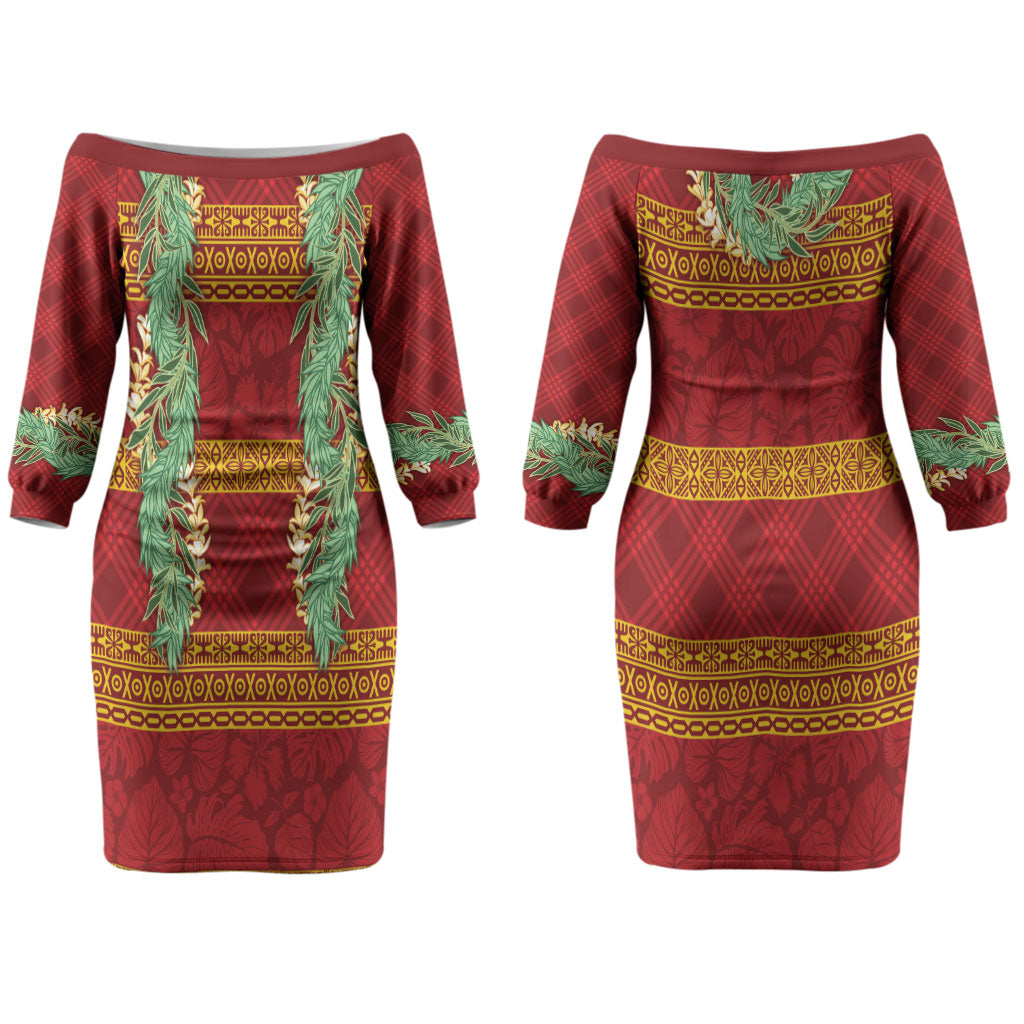 Hawai'i Paniolo Maile Twisted Lei Couples Matching Off The Shoulder Long Sleeve Dress and Long Sleeve Button Shirt Hilo Royal Red LT7 - Polynesian Pride