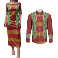 Hawai'i Paniolo Maile Twisted Lei Couples Matching Puletasi and Long Sleeve Button Shirt Hilo Royal Red LT7 Red - Polynesian Pride