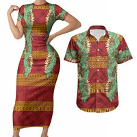 Hawai'i Paniolo Maile Twisted Lei Couples Matching Short Sleeve Bodycon Dress and Hawaiian Shirt Hilo Royal Red LT7 Red - Polynesian Pride