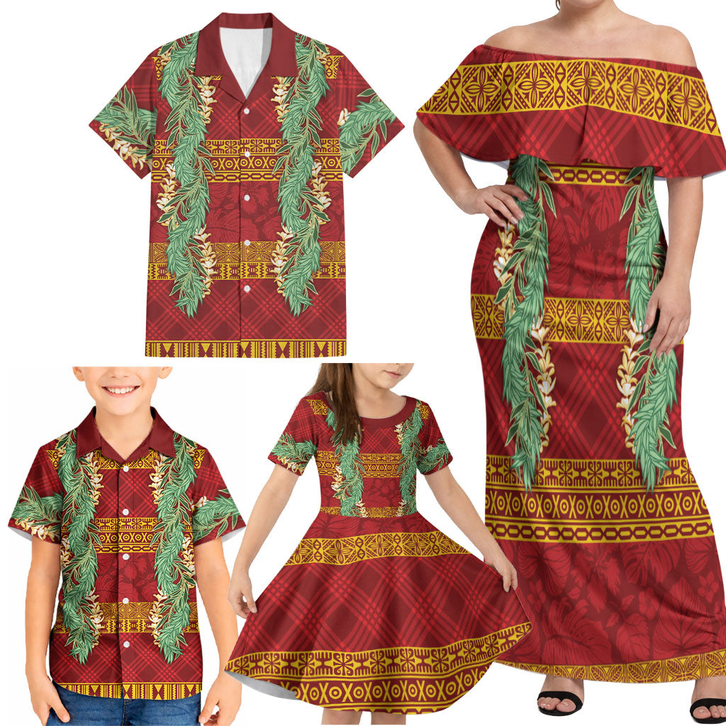 Hawai'i Paniolo Maile Twisted Lei Family Matching Off Shoulder Maxi Dress and Hawaiian Shirt Hilo Royal Red LT7 - Polynesian Pride