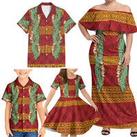 Hawai'i Paniolo Maile Twisted Lei Family Matching Off Shoulder Maxi Dress and Hawaiian Shirt Hilo Royal Red LT7 - Polynesian Pride