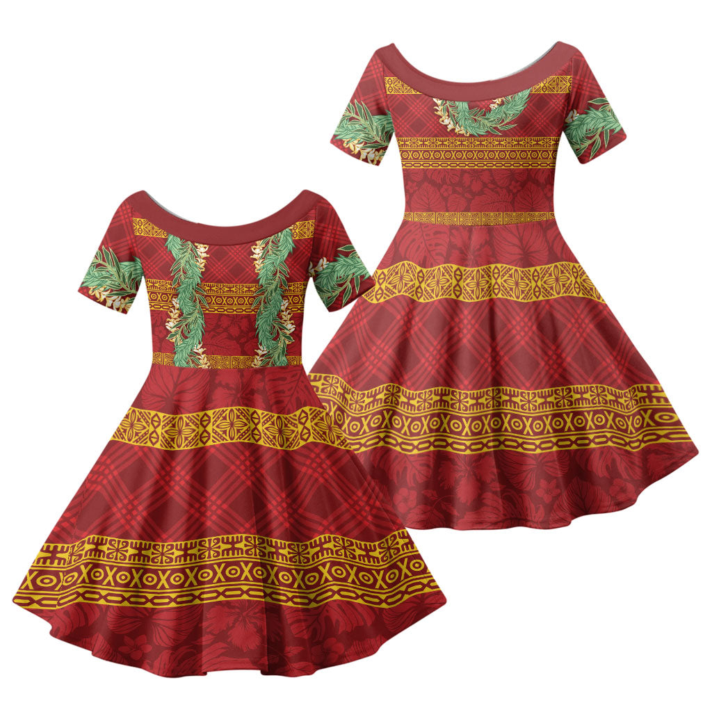 Hawai'i Paniolo Maile Twisted Lei Family Matching Puletasi and Hawaiian Shirt Hilo Royal Red LT7 Daughter's Dress Red - Polynesian Pride