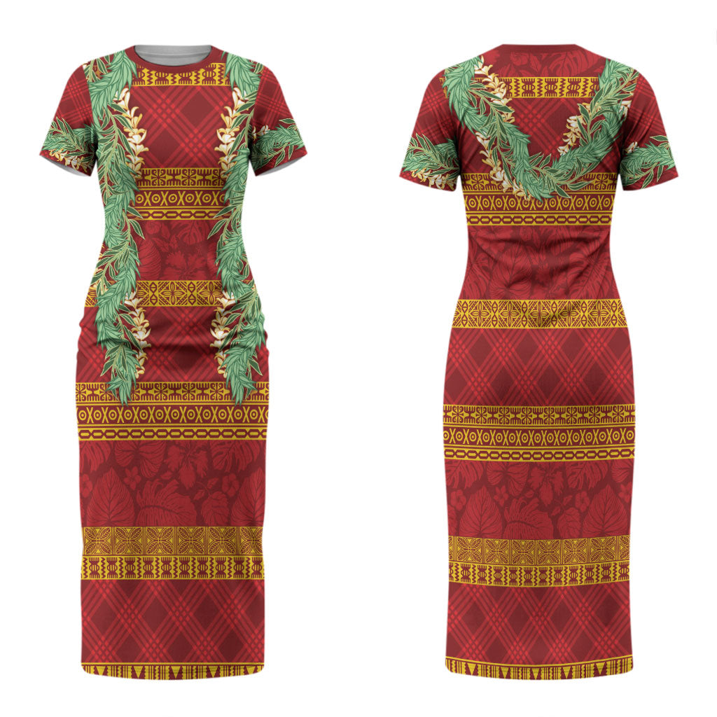 Hawai'i Paniolo Maile Twisted Lei Family Matching Short Sleeve Bodycon Dress and Hawaiian Shirt Hilo Royal Red LT7 Mom's Dress Red - Polynesian Pride