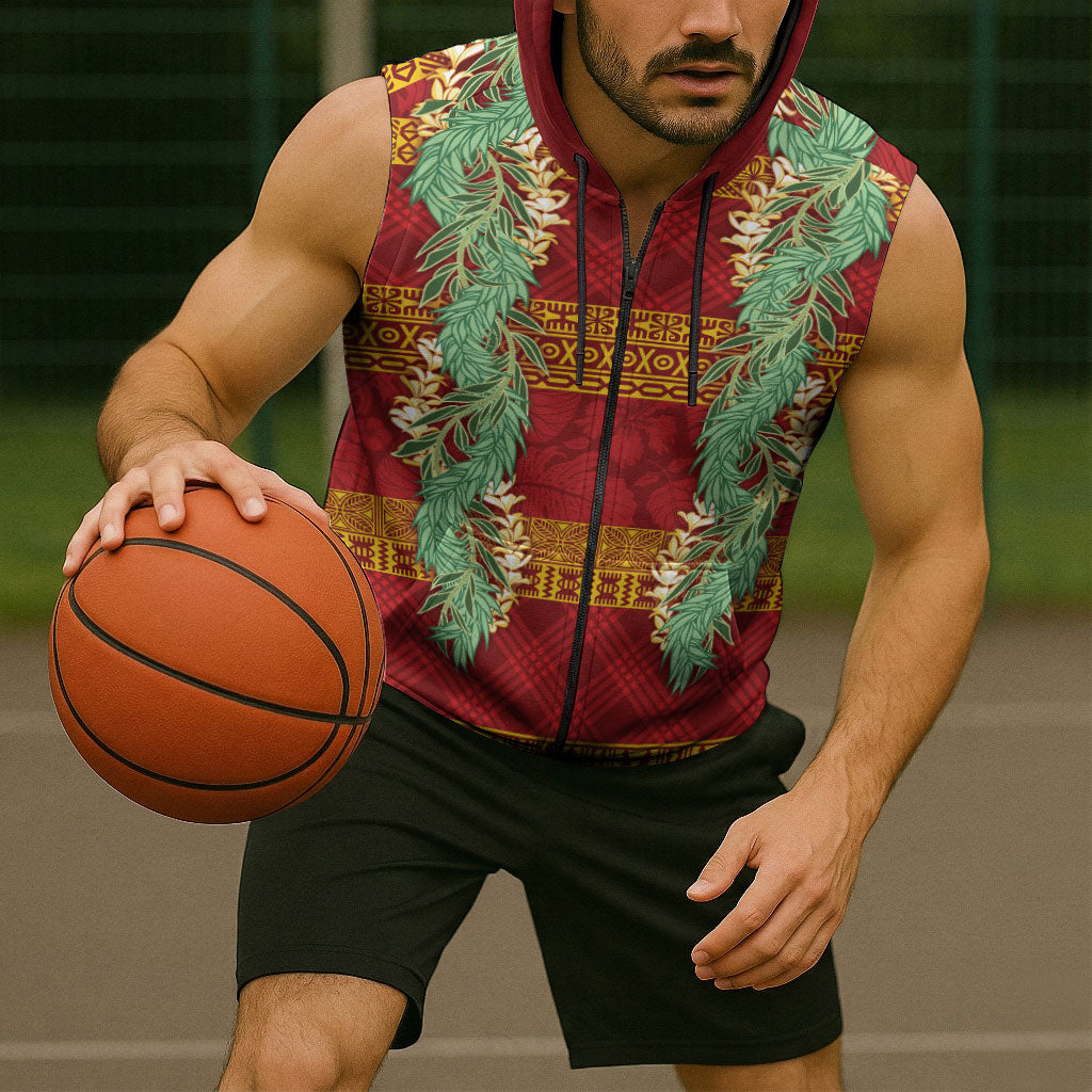 Hawai'i Paniolo Maile Twisted Lei Sleeveless Zip Hoodie Hilo Royal Red LT7 - Polynesian Pride