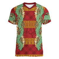 Hawai'i Paniolo Maile Twisted Lei Women V-Neck T-Shirt Hilo Royal Red LT7 Female Red - Polynesian Pride