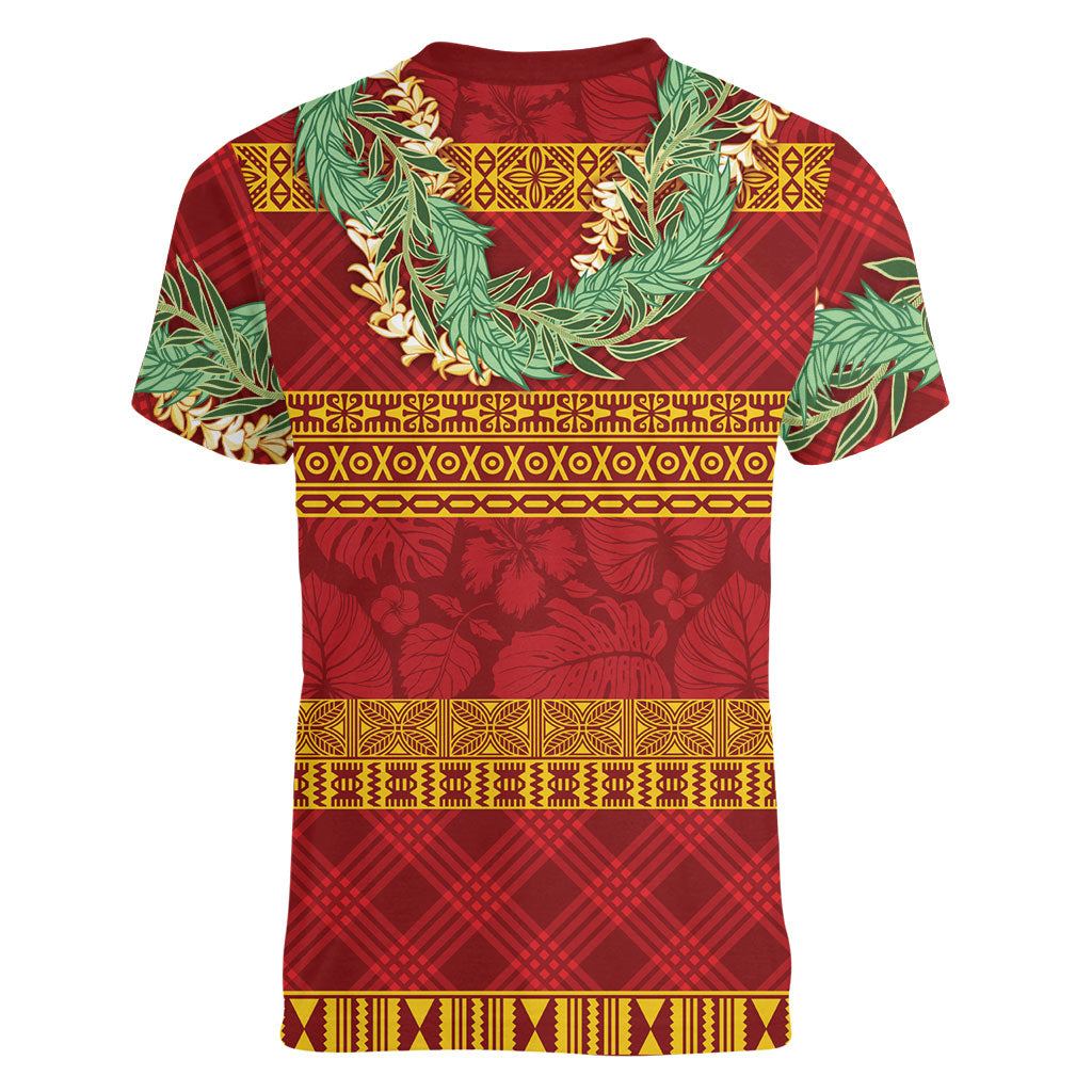 Hawai'i Paniolo Maile Twisted Lei Women V-Neck T-Shirt Hilo Royal Red LT7 - Polynesian Pride