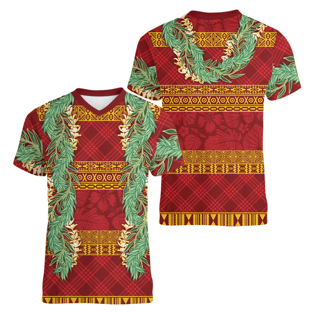Hawai'i Paniolo Maile Twisted Lei Women V-Neck T-Shirt Hilo Royal Red LT7 - Polynesian Pride