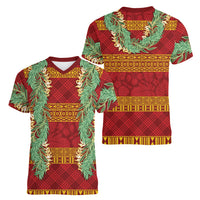 Hawai'i Paniolo Maile Twisted Lei Women V-Neck T-Shirt Hilo Royal Red LT7 - Polynesian Pride