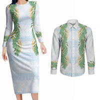 Hawai'i Paniolo Maile Twisted Lei Couples Matching Long Sleeve Bodycon Dress and Long Sleeve Button Shirt Winter White LT7 White - Polynesian Pride