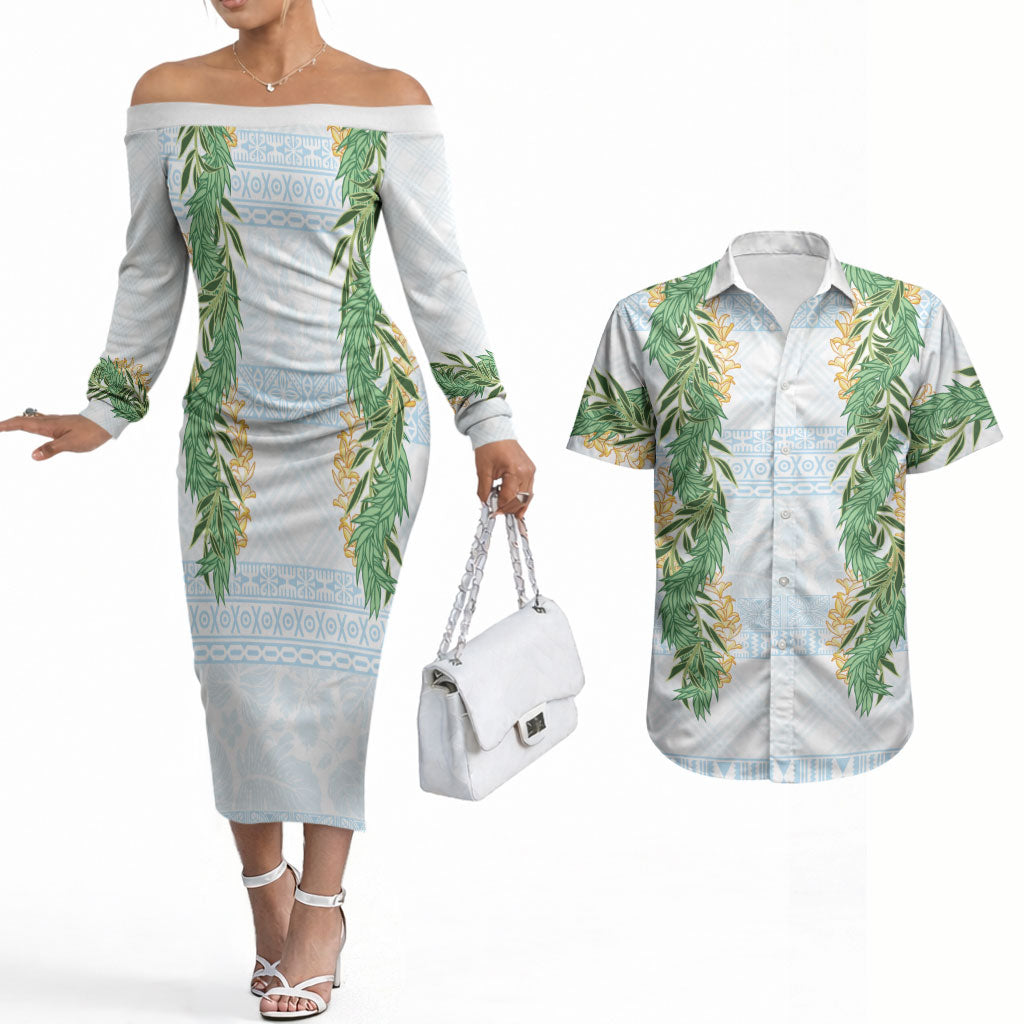 Hawai'i Paniolo Maile Twisted Lei Couples Matching Off The Shoulder Long Sleeve Dress and Hawaiian Shirt Winter White LT7 White - Polynesian Pride