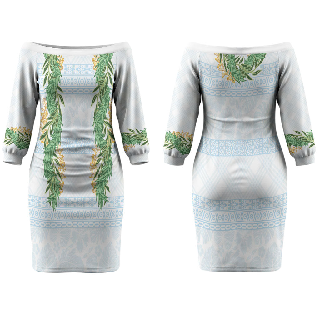Hawai'i Paniolo Maile Twisted Lei Couples Matching Off The Shoulder Long Sleeve Dress and Hawaiian Shirt Winter White LT7 - Polynesian Pride