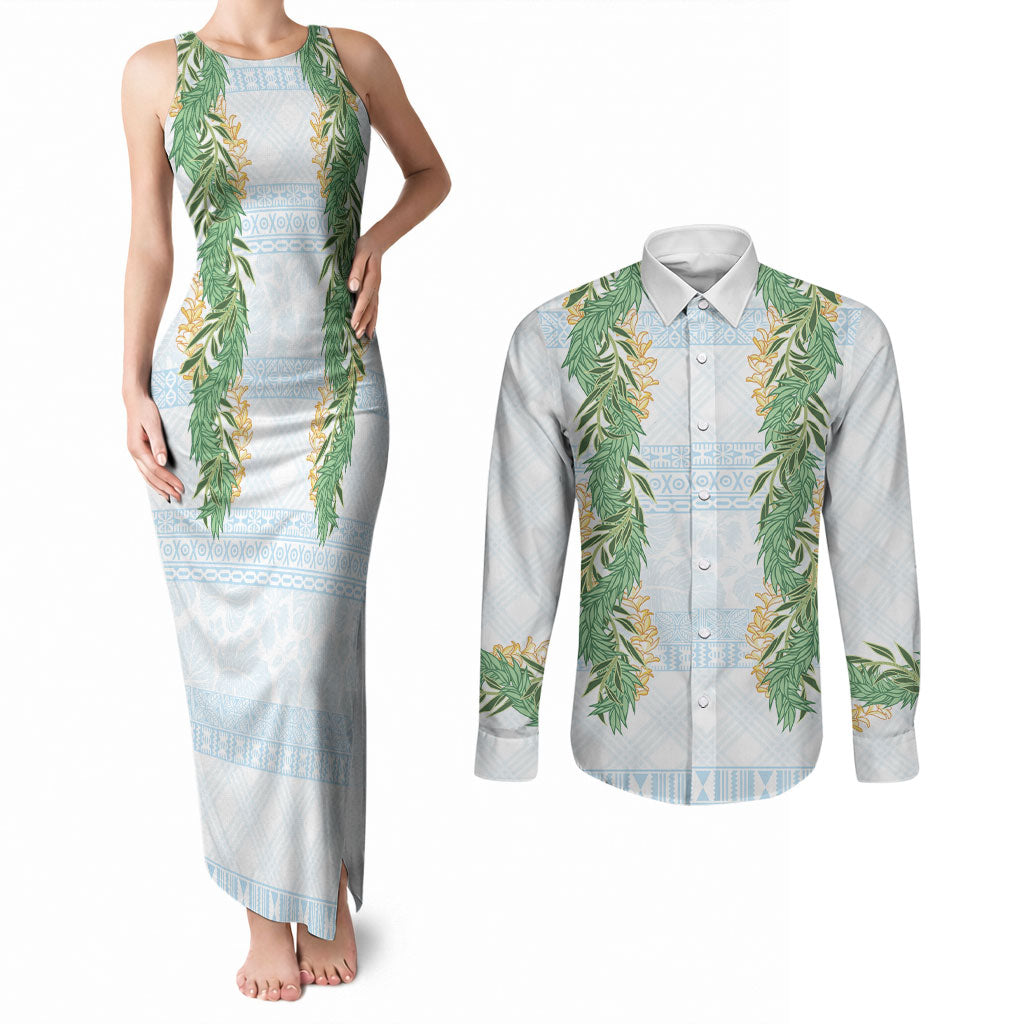 Hawai'i Paniolo Maile Twisted Lei Couples Matching Tank Maxi Dress and Long Sleeve Button Shirt Winter White LT7 White - Polynesian Pride
