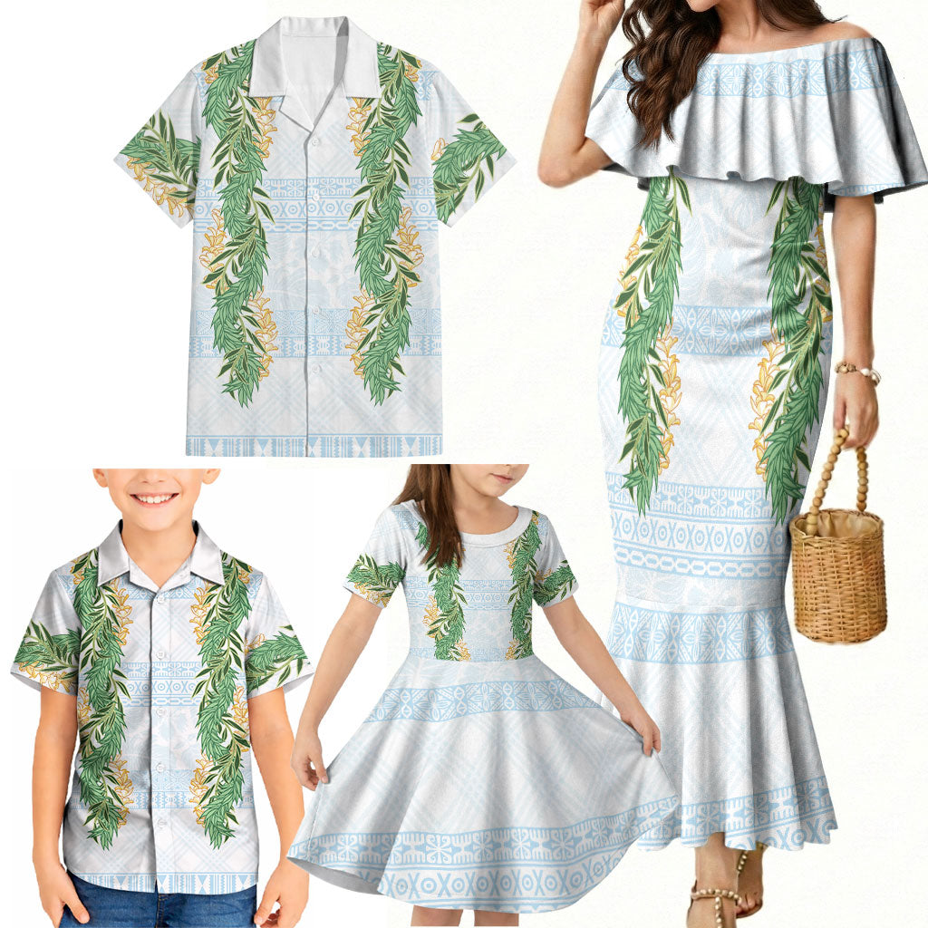Hawai'i Paniolo Maile Twisted Lei Family Matching Mermaid Dress and Hawaiian Shirt Winter White LT7 - Polynesian Pride