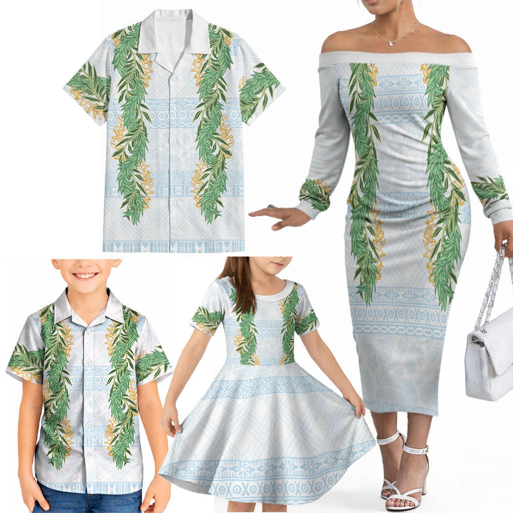 Hawai'i Paniolo Maile Twisted Lei Family Matching Off The Shoulder Long Sleeve Dress and Hawaiian Shirt Winter White LT7 - Polynesian Pride