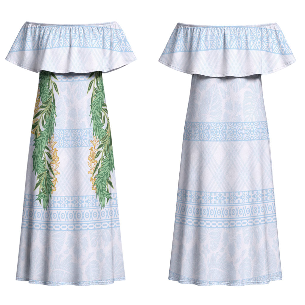 Hawai'i Paniolo Maile Twisted Lei Family Matching Off Shoulder Maxi Dress and Hawaiian Shirt Winter White LT7 Mom's Dress White - Polynesian Pride