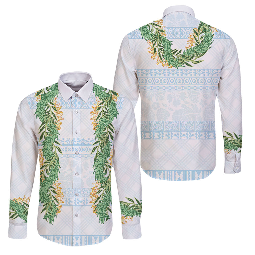 Hawai'i Paniolo Maile Twisted Lei Family Matching Off Shoulder Maxi Dress and Hawaiian Shirt Winter White LT7 Dad's Shirt - Long Sleeve White - Polynesian Pride