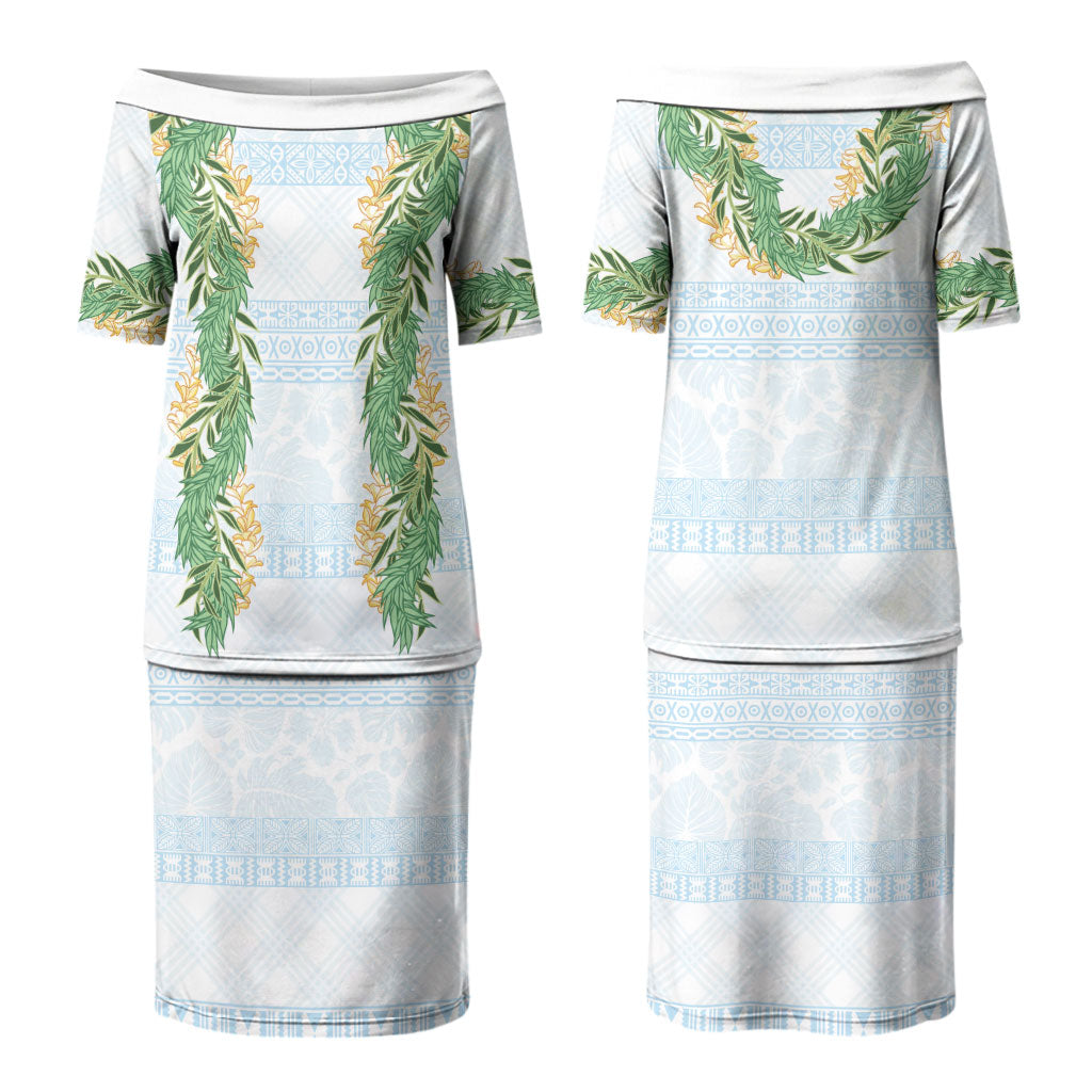 Hawai'i Paniolo Maile Twisted Lei Family Matching Puletasi and Hawaiian Shirt Winter White LT7 Mom's Dress White - Polynesian Pride