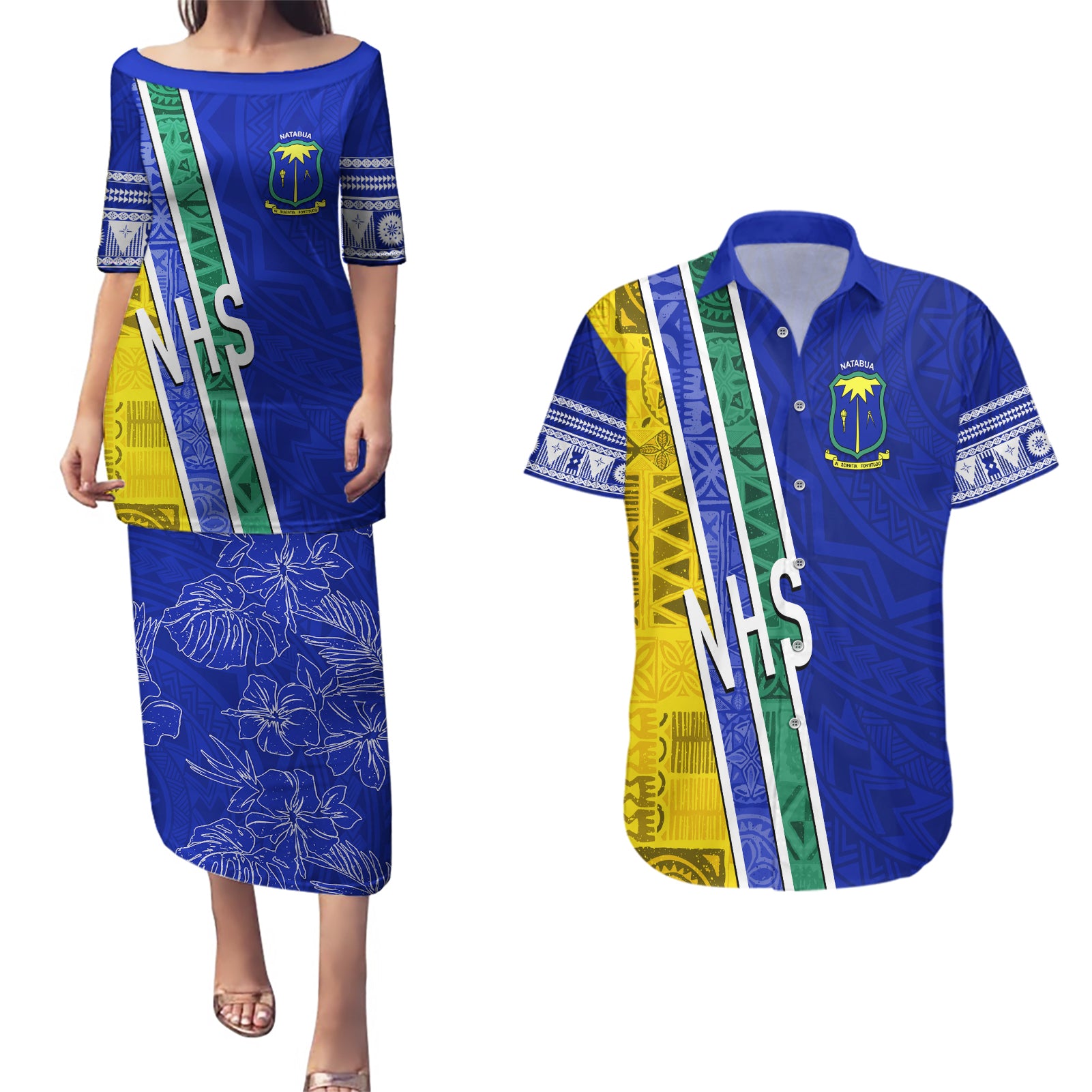 Personalised Fiji Natabua High School Couples Matching Puletasi Dress and Hawaiian Shirt Kaviti Tapa Mix Colors Proud NHS LT7 Blue - Polynesian Pride