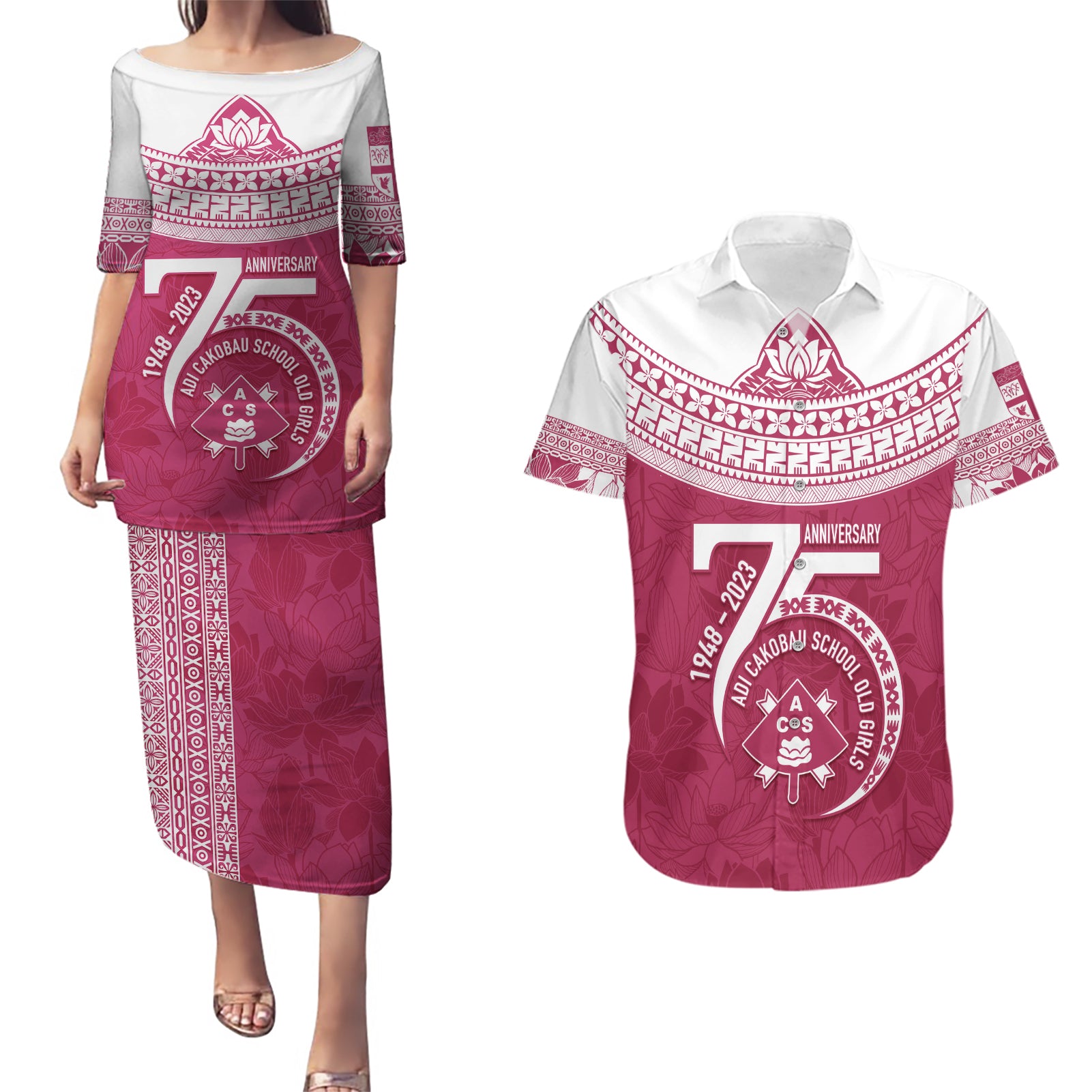 Personalised Fiji Adi Cakobau School Couples Matching Puletasi Dress and Hawaiian Shirt ACS Old Girls Lotus Mix Masi LT7 Crimson - Polynesian Pride