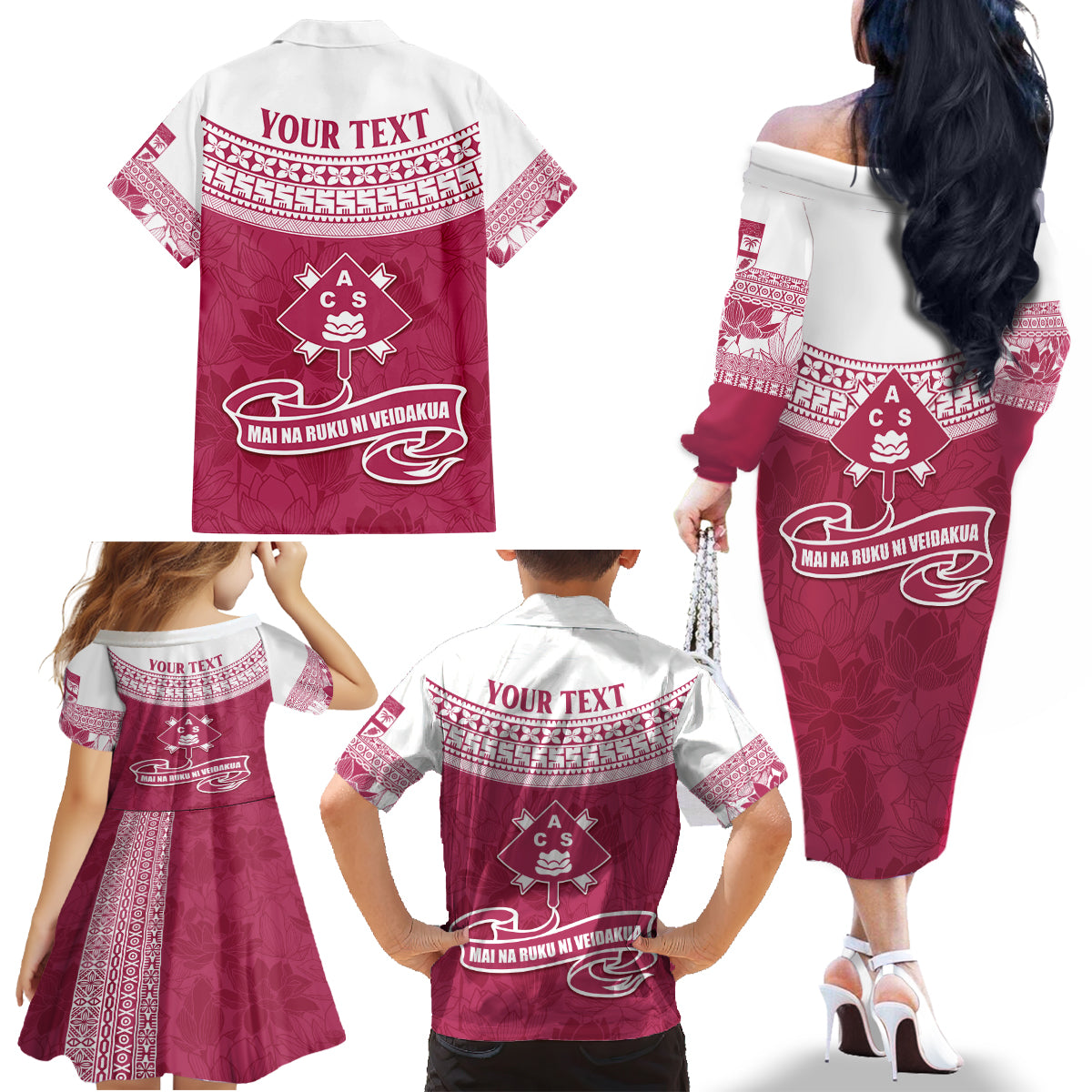 Personalised Fiji Adi Cakobau School Family Matching Off Shoulder Long Sleeve Dress and Hawaiian Shirt ACS Old Girls Lotus Mix Masi LT7 - Polynesian Pride