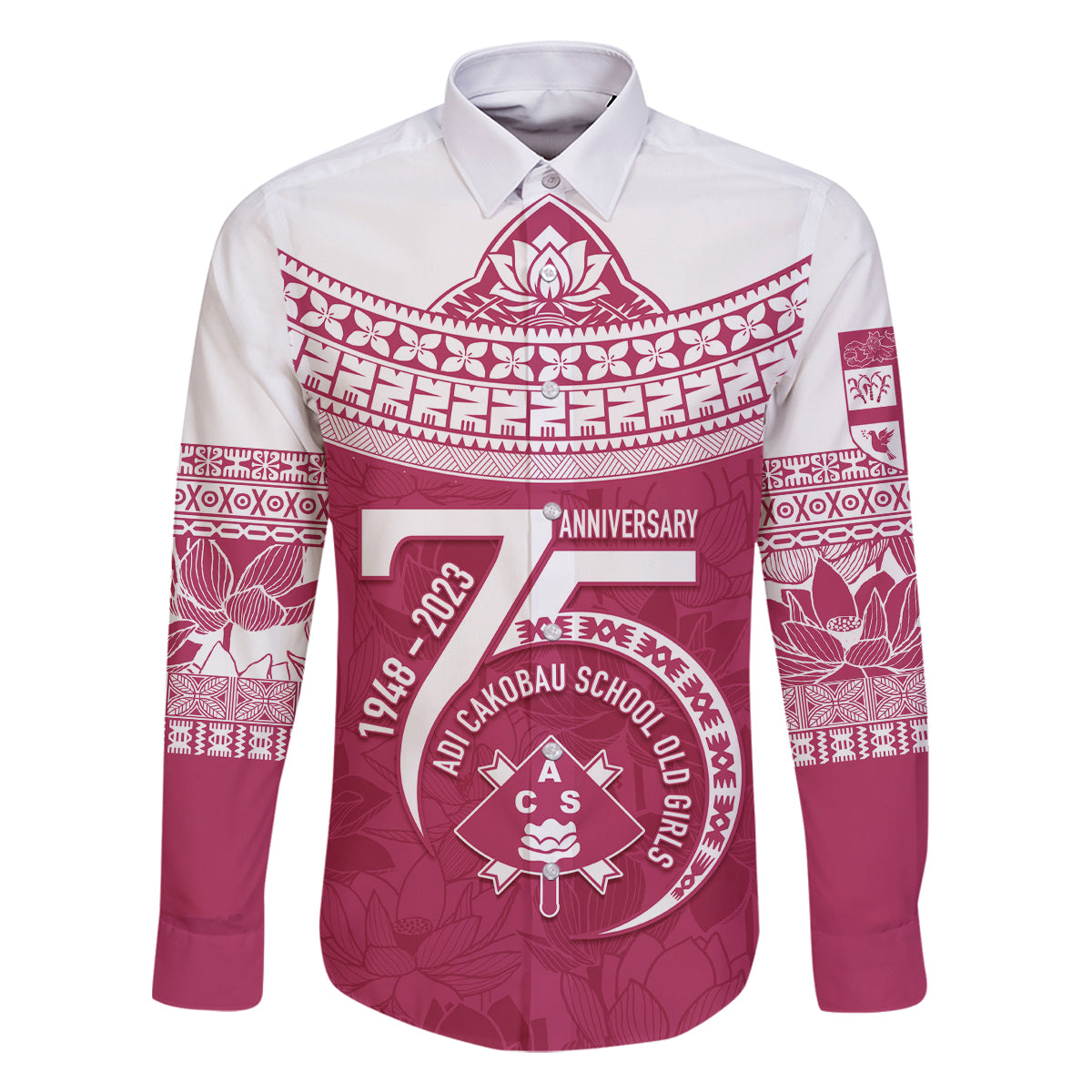 Personalised Fiji Adi Cakobau School Family Matching Off Shoulder Long Sleeve Dress and Hawaiian Shirt ACS Old Girls Lotus Mix Masi LT7 Dad's Shirt - Long Sleeve Crimson - Polynesian Pride