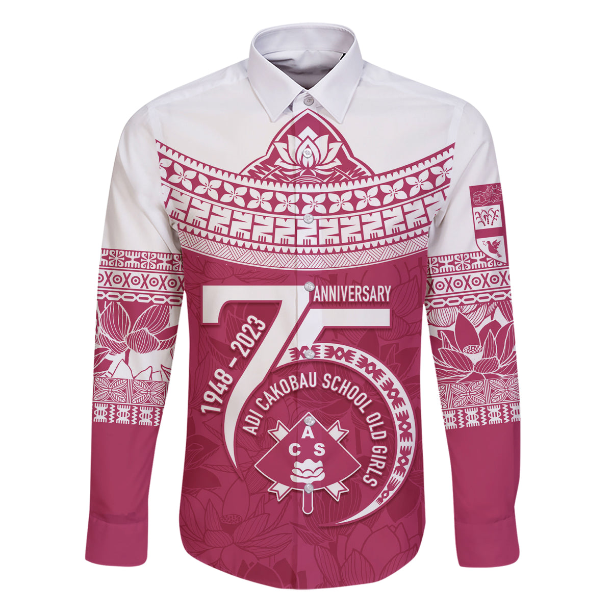 Personalised Fiji Adi Cakobau School Family Matching Short Sleeve Bodycon Dress and Hawaiian Shirt ACS Old Girls Lotus Mix Masi LT7 Dad's Shirt - Long Sleeve Crimson - Polynesian Pride