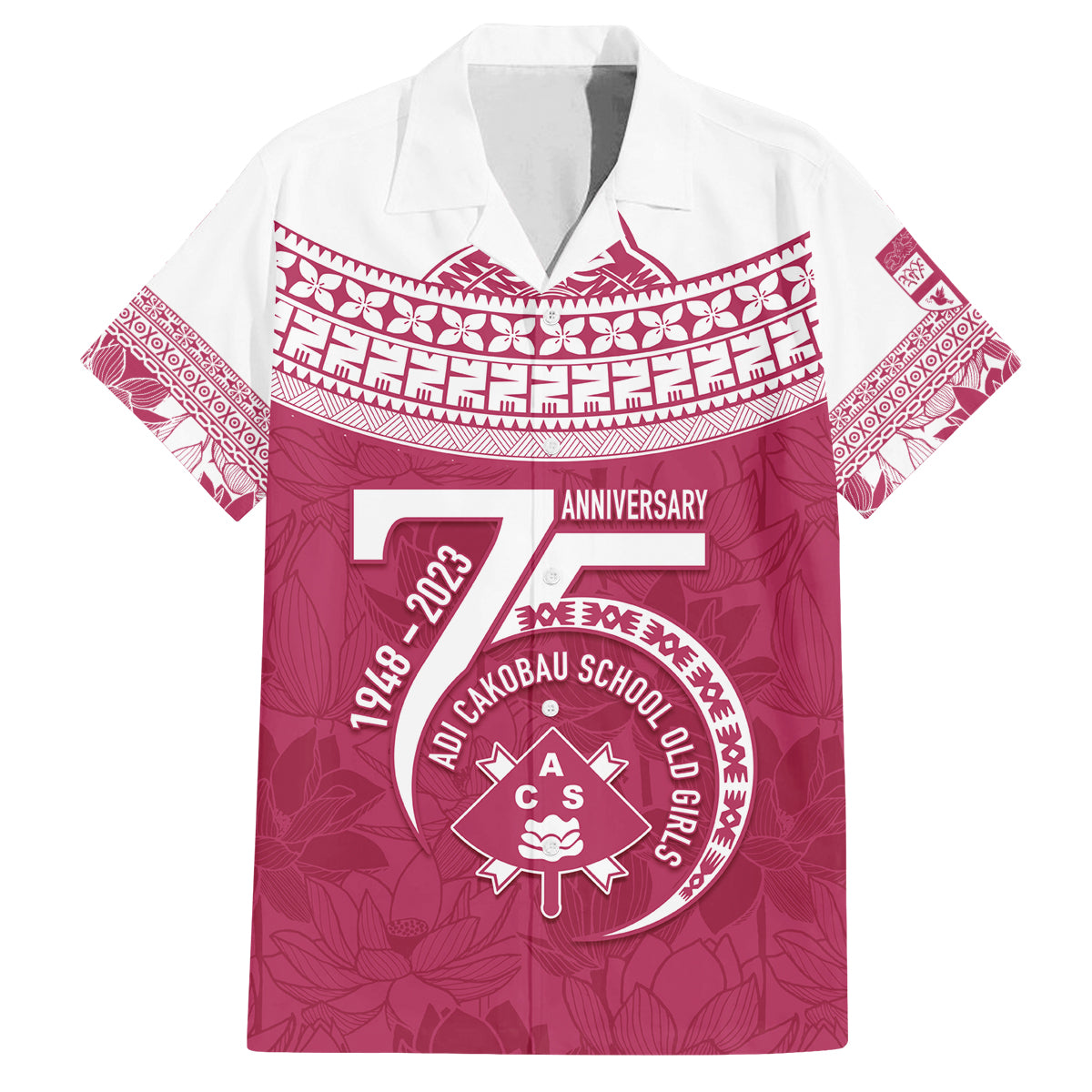 Personalised Fiji Adi Cakobau School Family Matching Tank Maxi Dress and Hawaiian Shirt ACS Old Girls Lotus Mix Masi LT7 Dad's Shirt - Short Sleeve Crimson - Polynesian Pride
