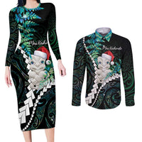 New Zealand Personalised Couples Matching Long Sleeve Bodycon Dress and Long Sleeve Button Shirt Meri Kirihimete Kowhaiwhai Mix Paua Shell - Emerald LT7 Green - Polynesian Pride