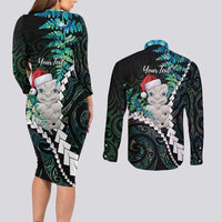 New Zealand Personalised Couples Matching Long Sleeve Bodycon Dress and Long Sleeve Button Shirt Meri Kirihimete Kowhaiwhai Mix Paua Shell - Emerald LT7 - Polynesian Pride