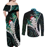 New Zealand Personalised Couples Matching Off Shoulder Maxi Dress and Long Sleeve Button Shirt Meri Kirihimete Kowhaiwhai Mix Paua Shell - Emerald LT7 - Polynesian Pride