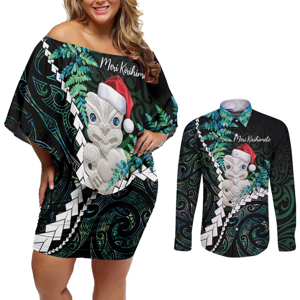 New Zealand Personalised Couples Matching Off Shoulder Short Dress and Long Sleeve Button Shirt Meri Kirihimete Kowhaiwhai Mix Paua Shell - Emerald LT7 Green - Polynesian Pride