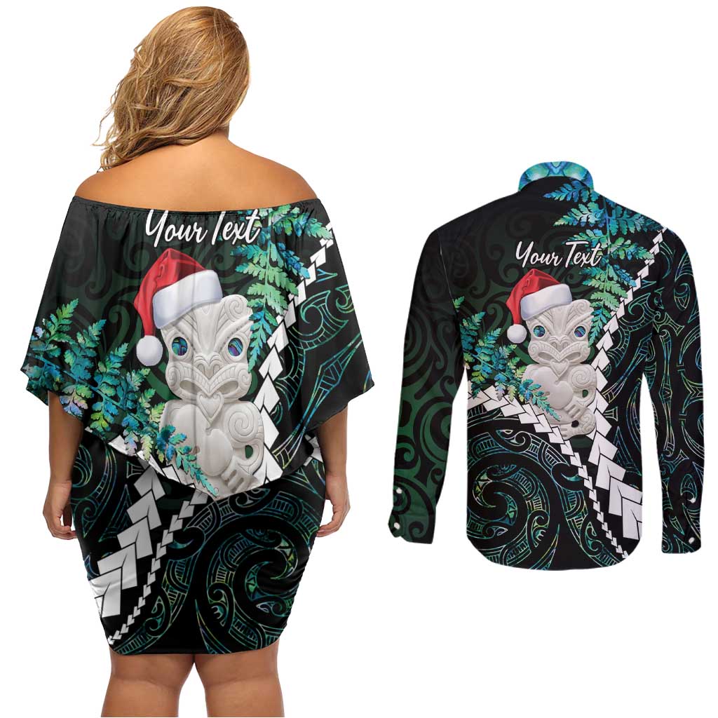 New Zealand Personalised Couples Matching Off Shoulder Short Dress and Long Sleeve Button Shirt Meri Kirihimete Kowhaiwhai Mix Paua Shell - Emerald LT7 - Polynesian Pride