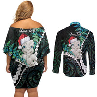New Zealand Personalised Couples Matching Off Shoulder Short Dress and Long Sleeve Button Shirt Meri Kirihimete Kowhaiwhai Mix Paua Shell - Emerald LT7 - Polynesian Pride