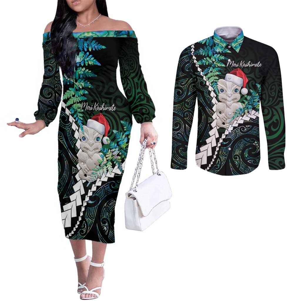 New Zealand Personalised Couples Matching Off The Shoulder Long Sleeve Dress and Long Sleeve Button Shirt Meri Kirihimete Kowhaiwhai Mix Paua Shell - Emerald LT7 Green - Polynesian Pride