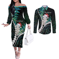 New Zealand Personalised Couples Matching Off The Shoulder Long Sleeve Dress and Long Sleeve Button Shirt Meri Kirihimete Kowhaiwhai Mix Paua Shell - Emerald LT7 Green - Polynesian Pride