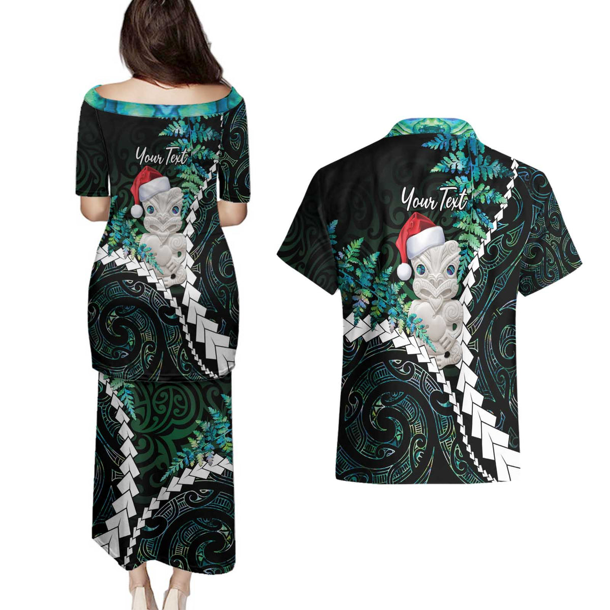 New Zealand Personalised Couples Matching Puletasi and Hawaiian Shirt Meri Kirihimete Kowhaiwhai Mix Paua Shell - Emerald LT7 - Polynesian Pride