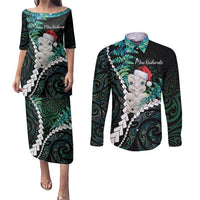 New Zealand Personalised Couples Matching Puletasi and Long Sleeve Button Shirt Meri Kirihimete Kowhaiwhai Mix Paua Shell - Emerald LT7 Green - Polynesian Pride