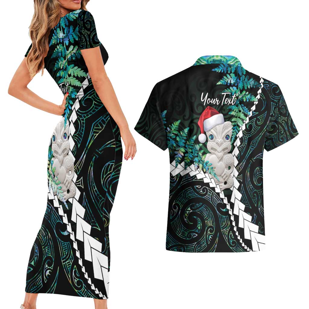 New Zealand Personalised Couples Matching Short Sleeve Bodycon Dress and Hawaiian Shirt Meri Kirihimete Kowhaiwhai Mix Paua Shell - Emerald