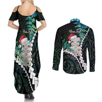 New Zealand Personalised Couples Matching Summer Maxi Dress and Long Sleeve Button Shirt Meri Kirihimete Kowhaiwhai Mix Paua Shell - Emerald LT7 - Polynesian Pride